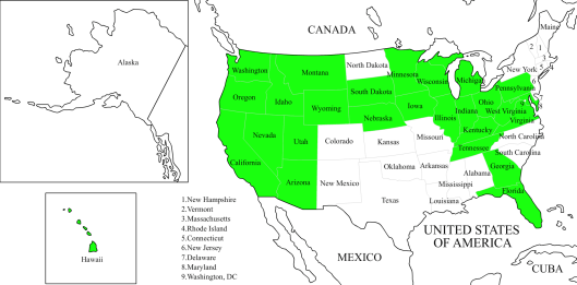 States I have traveled to are highlighted in green.