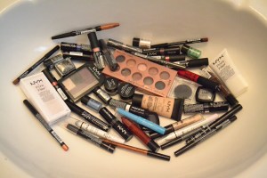 I piled my Nyx collection into my sink. Please note: I can think of at least three things missing seeing as I've misplaced them but there could be more I'm forgetting.